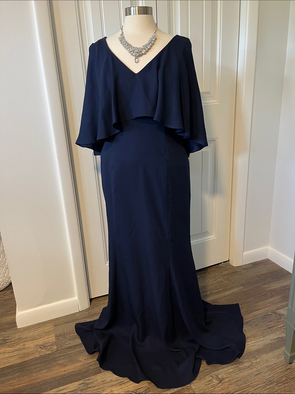 MARINA Navy V-Neck Cape-Overlay Evening Gown